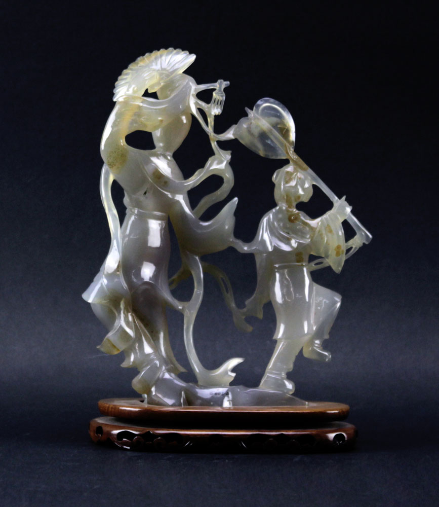 Chinese Natural Agate Grouping of Dancers on Wooden Stand