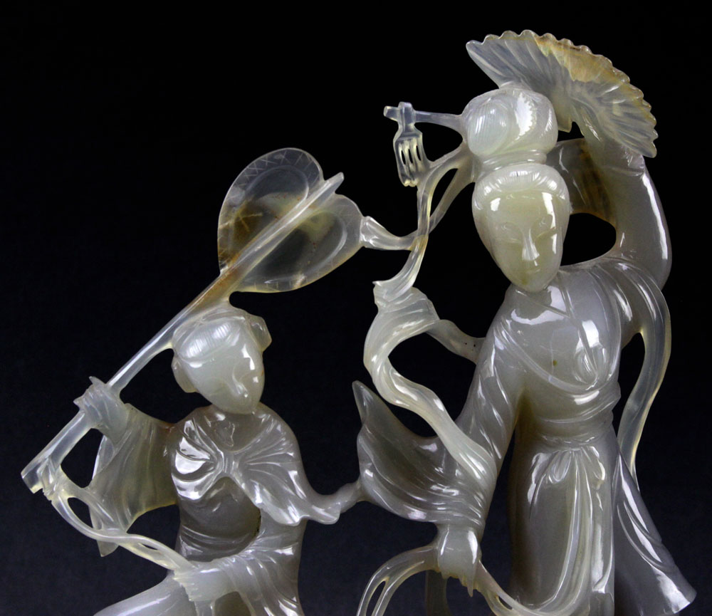 Chinese Natural Agate Grouping of Dancers on Wooden Stand