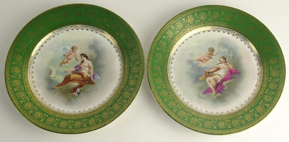 Pair of Antique Crown China Austria Hand Painted Porcelain Plates