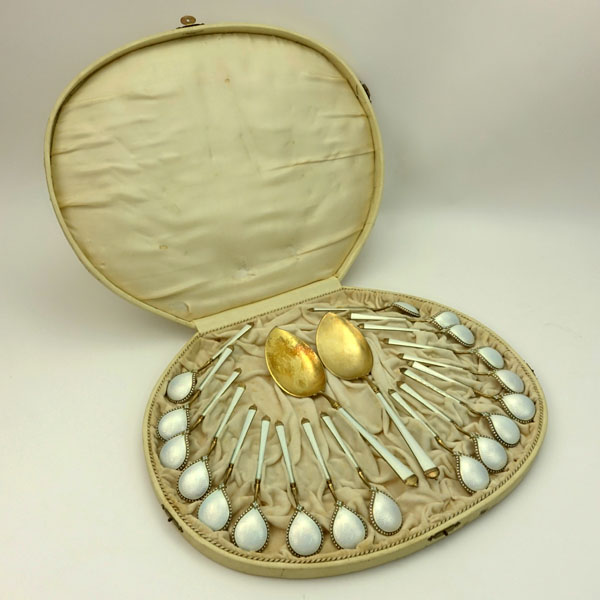 Early 20th Century Norwegian David Andersen Twenty (20) Piece Sterling Silver and Enamel Ice Cream Set In original Fitted Box
