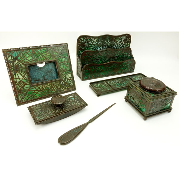 Tiffany Studios Six (6) Piece Pine Needle Desk Set