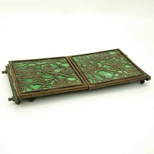 Arts and Crafts Period Possibly Apollo, Tiffany Style Bronze and Glass "Grapevine" Expandable Book Holder