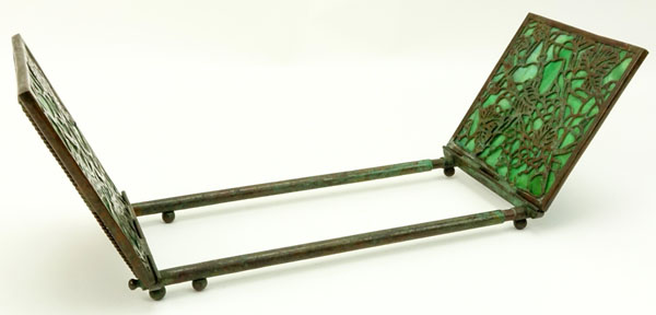 Arts and Crafts Period Possibly Apollo, Tiffany Style Bronze and Glass "Grapevine" Expandable Book Holder