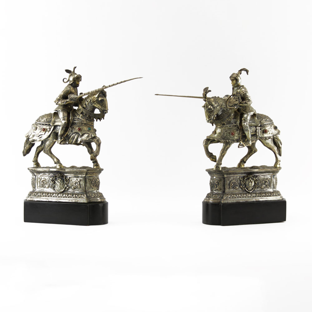 Pair German Sterling Silver Armored Knights on Horseback Figures