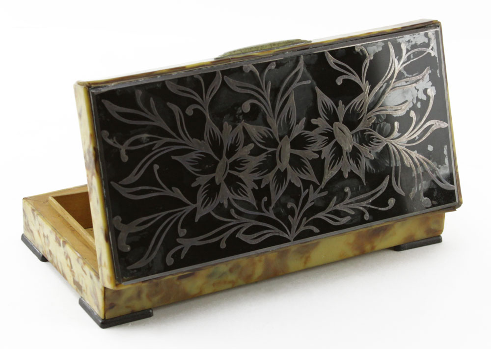 Antique Tortoise Dresser Box With Silver Overlay