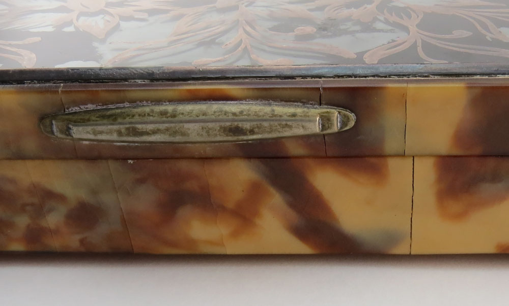 Antique Tortoise Dresser Box With Silver Overlay