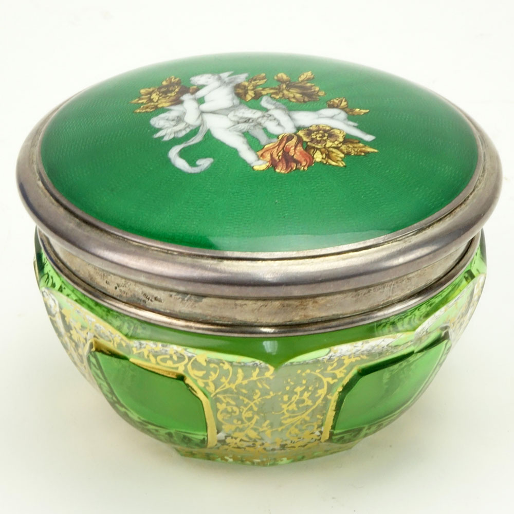 Antique Austrian Guilloche Enamel Sterling Silver and Green to Clear Glass Powder Box