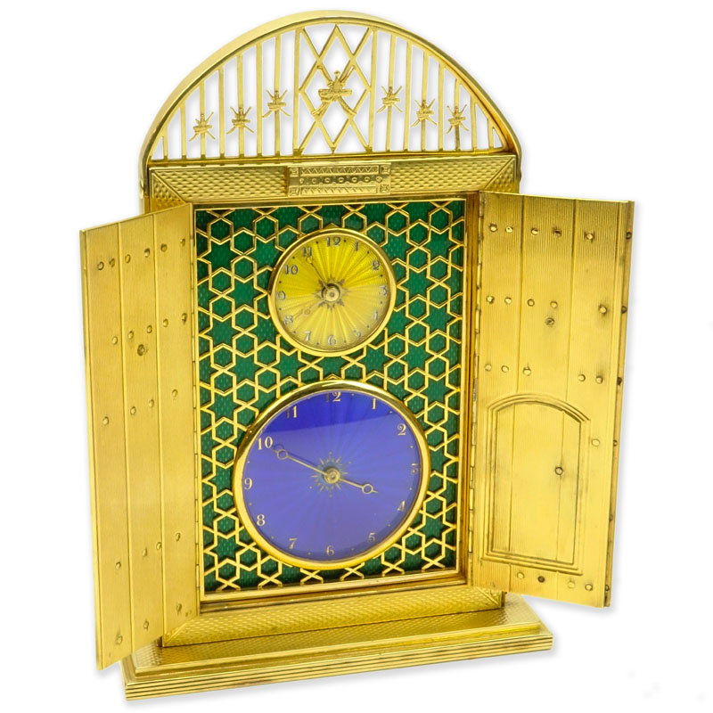 Magnificent Rare 20th Century Sterling Silver Vermeil Gold Desk Clock with Breguet Movement