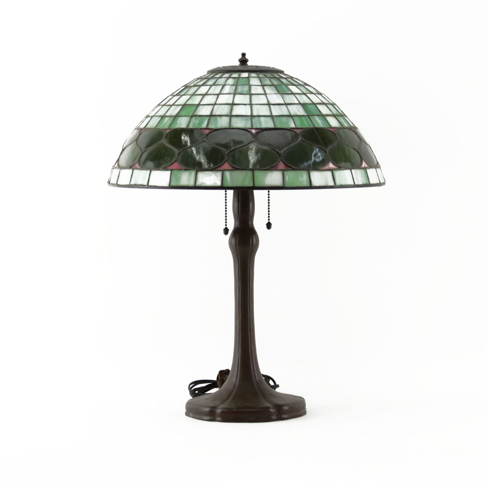 Handel Patinated Bronze Lamp with Leaded Glass Shade