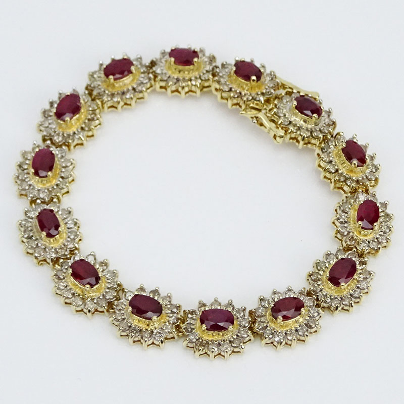  6.50 Carat Oval Cut Ruby, 3.70 Carat Diamond and 14 Karat Yellow Gold Bracelet.