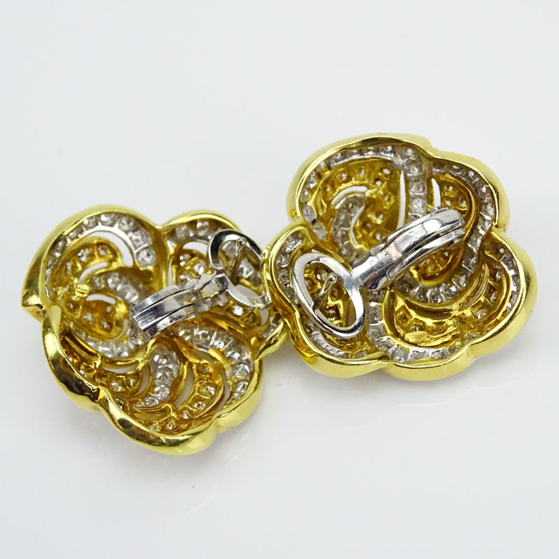 3.50 Carat Pave Set Round Brilliant Cut Diamond and 18 Karat Yellow and White Gold Earrings.