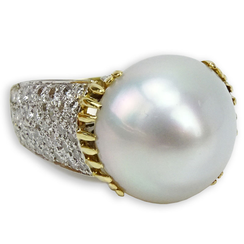 15.5mm South Sea Pearl, 4.0 Carat Pave Set Diamond and 18 Karat Yellow Gold Ring.