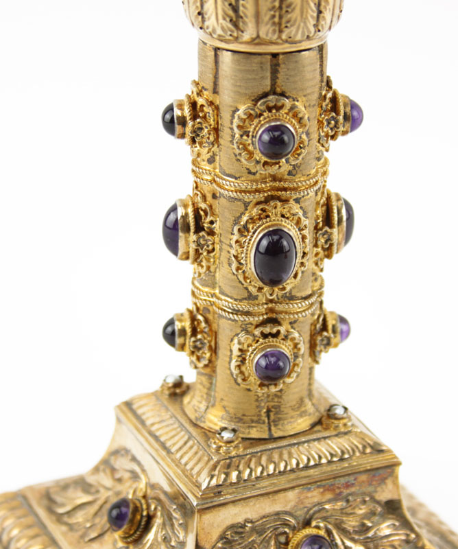 Pair of Early 20th Century Viennese Gilt Silver Candlesticks with Inset Cabochon Amethysts and Pearls