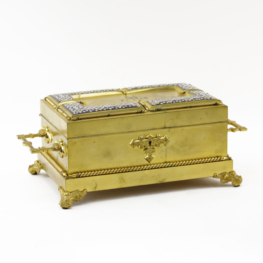 Very Fine Heavy 19/20th Century Continental Renaissance style Gilt Bronze and Champlevé Enamel Velvet Lined Jewelry Casket