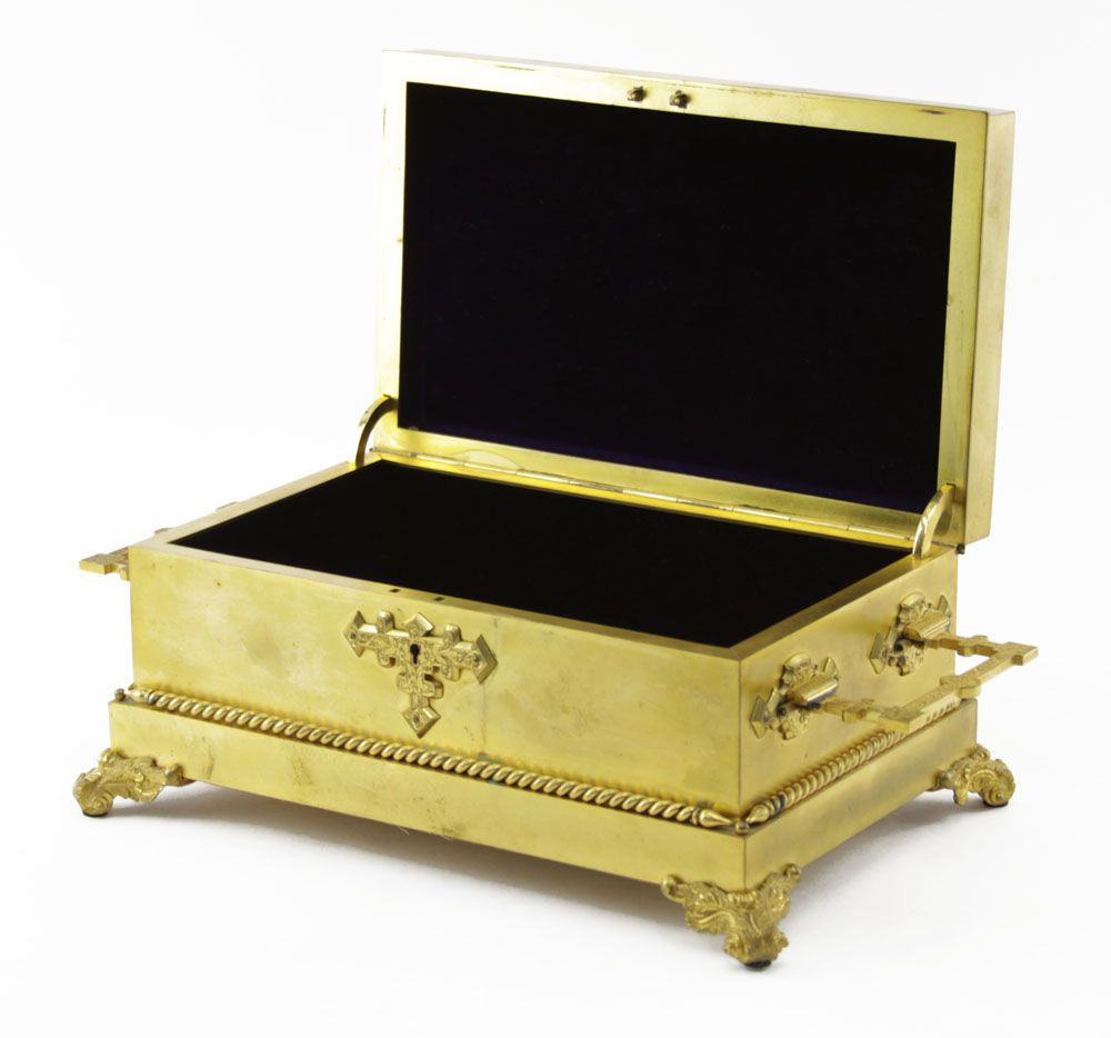 Very Fine Heavy 19/20th Century Continental Renaissance style Gilt Bronze and Champlevé Enamel Velvet Lined Jewelry Casket