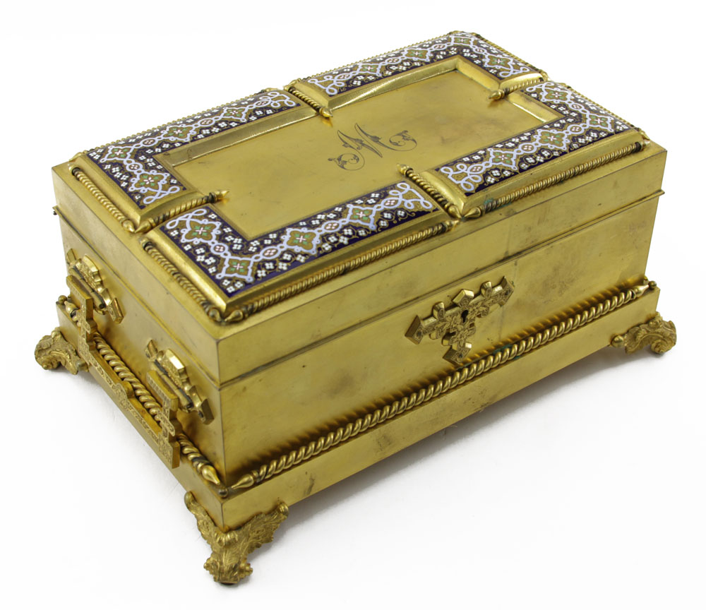 Very Fine Heavy 19/20th Century Continental Renaissance style Gilt Bronze and Champlevé Enamel Velvet Lined Jewelry Casket