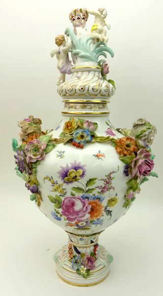 Antique Dresden German Hand Painted Porcelain Covered Urn