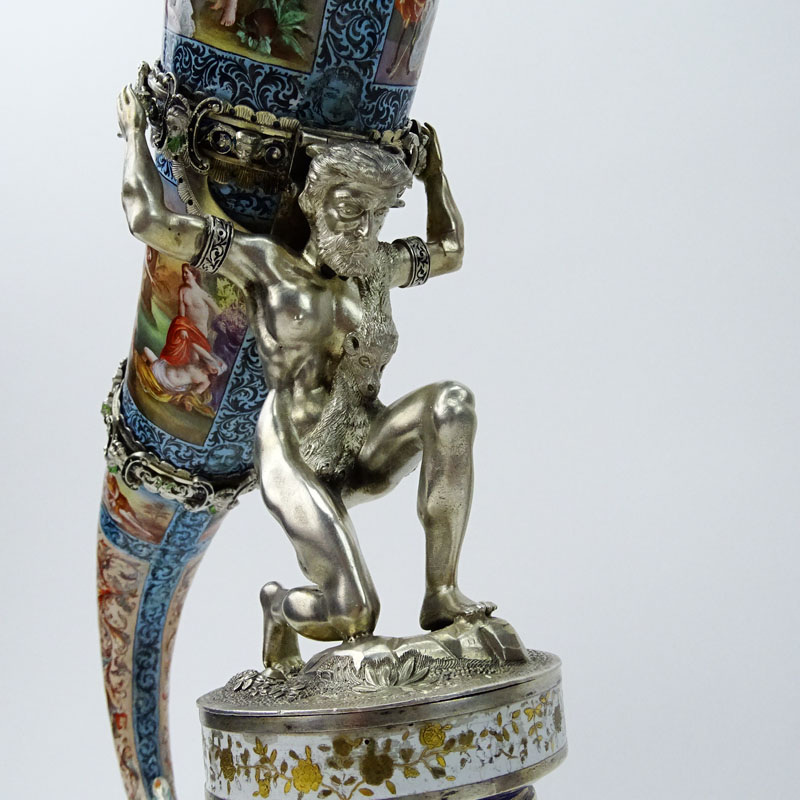 Fine Pair of Circa 1880s Viennese Semi-Precious Stone-Mounted, Silver, and Enamel Cornucopias Attributed to Hermann Bohm