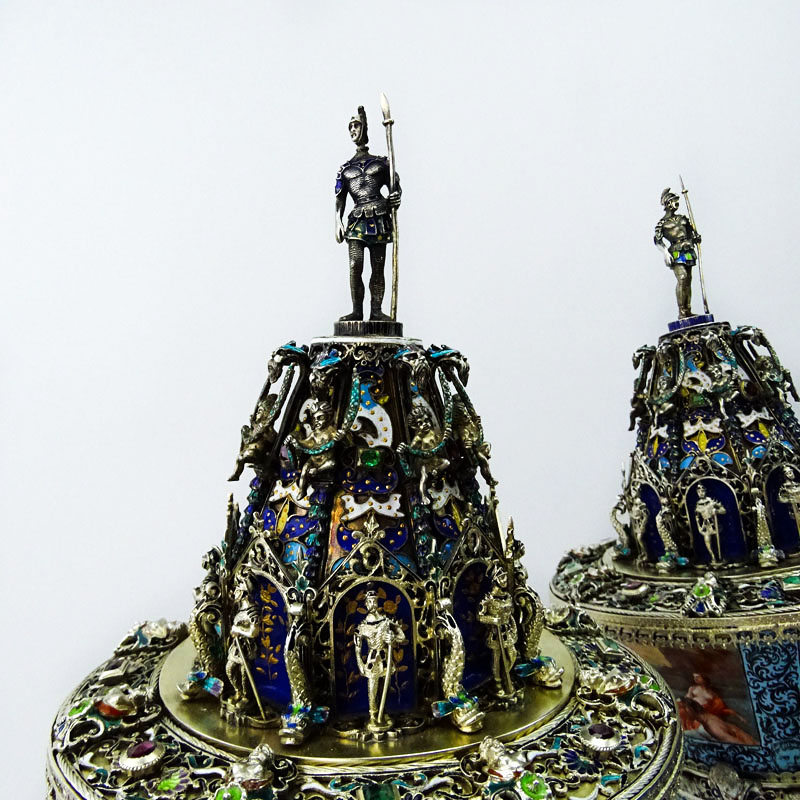 Fine Pair of Circa 1880s Viennese Semi-Precious Stone-Mounted, Silver, and Enamel Cornucopias Attributed to Hermann Bohm