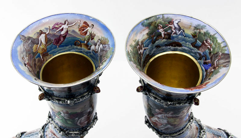 Fine Pair of Circa 1880s Viennese Semi-Precious Stone-Mounted, Silver, and Enamel Cornucopias Attributed to Hermann Bohm