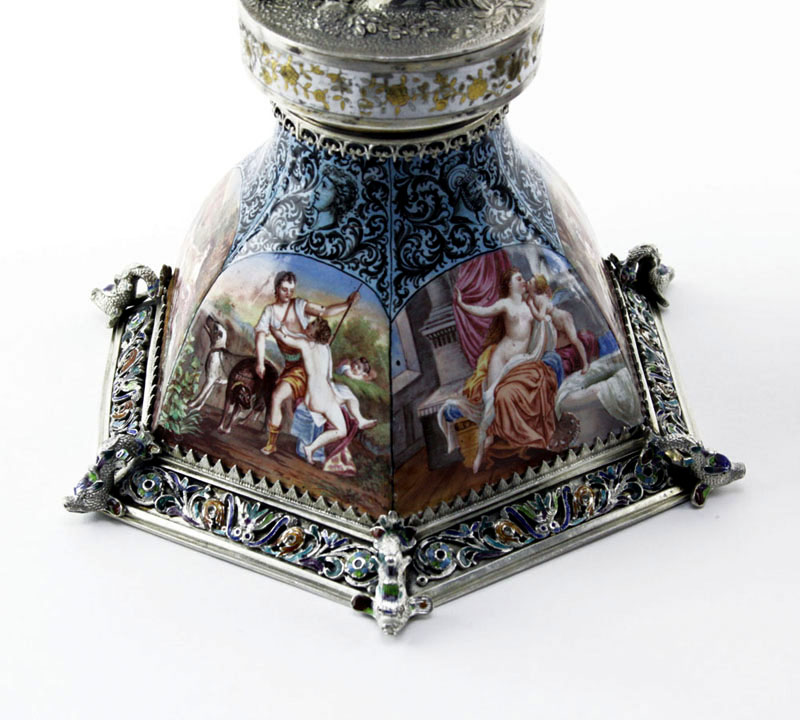 Fine Pair of Circa 1880s Viennese Semi-Precious Stone-Mounted, Silver, and Enamel Cornucopias Attributed to Hermann Bohm