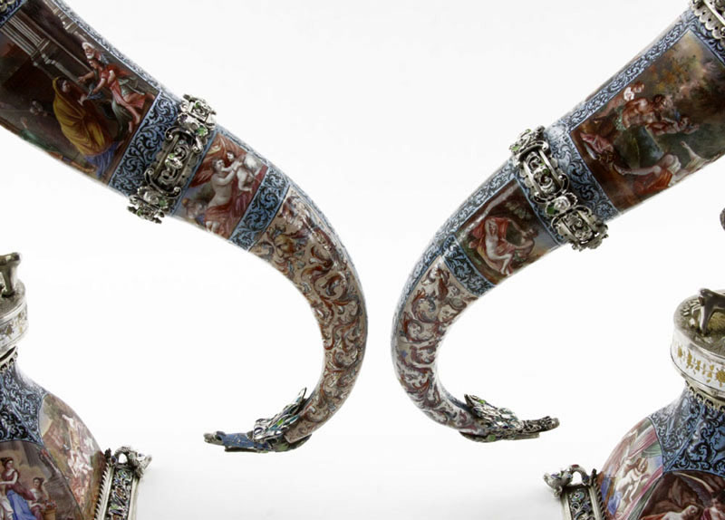 Fine Pair of Circa 1880s Viennese Semi-Precious Stone-Mounted, Silver, and Enamel Cornucopias Attributed to Hermann Bohm