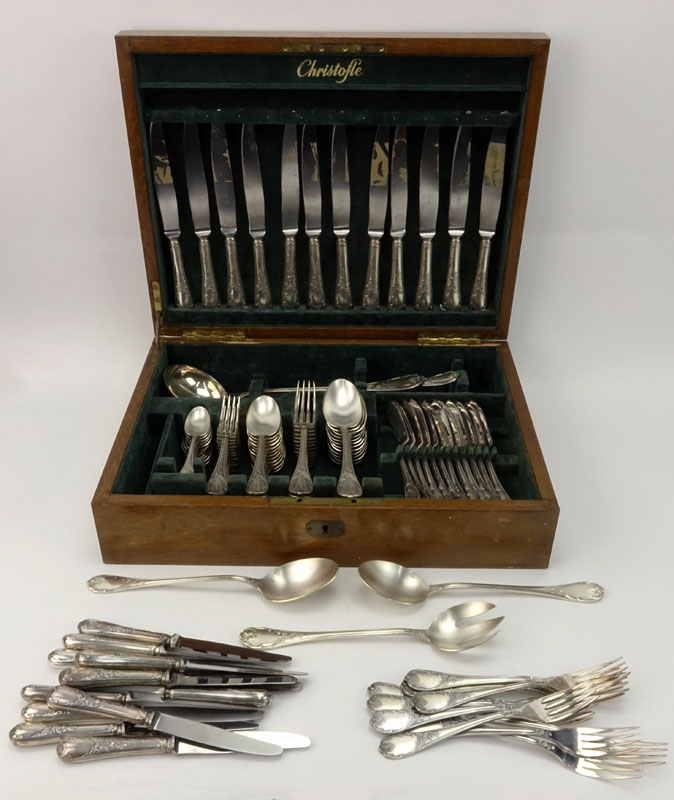 Hundred-Thirteen (113) Piece Christofle "Marly" Silverplated Flatware in Christofle Box