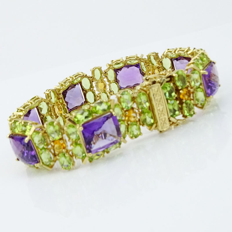 Retro Circa 1950s Amethyst, Peridot, Citrine and 14 Karat Yellow Gold Bracelet