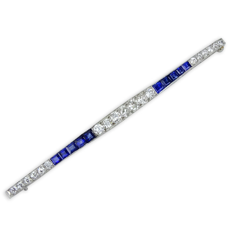 Art Deco Approx. 2.5 Carat European Cut Diamond, 1.50 Carat Sapphire and Platinum Bar Brooch.