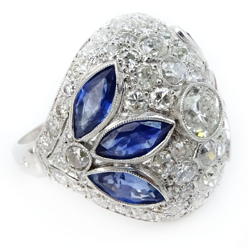 Art Deco Circa 1930 Approx. 2.50 Carat European Cut Diamond, 2.50 Carat Marquise Cut Sapphire and Platinum Ring