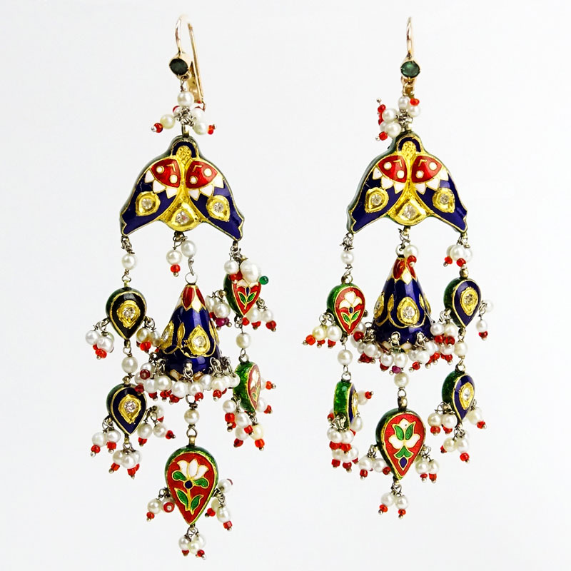 Large Pair of 18 Karat Yellow Gold, Multi Color Enamel, Rose Cut Diamond and Seed Pearl Reversible Chandelier Earrings