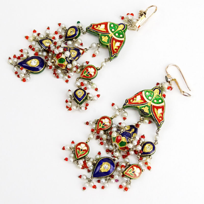 Large Pair of 18 Karat Yellow Gold, Multi Color Enamel, Rose Cut Diamond and Seed Pearl Reversible Chandelier Earrings