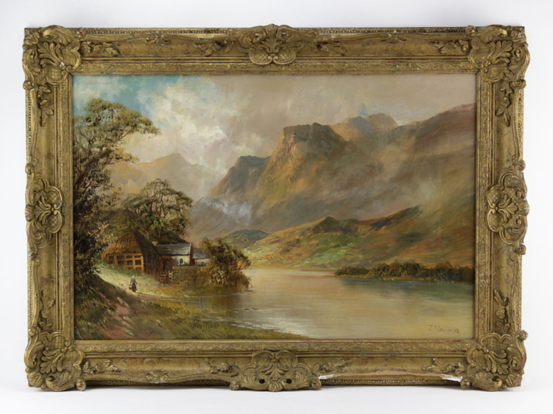 Frank Jameson, British (1898-1968) oil on canvas "Cottage By A Mountain Lake" Signed lower right, old label verso