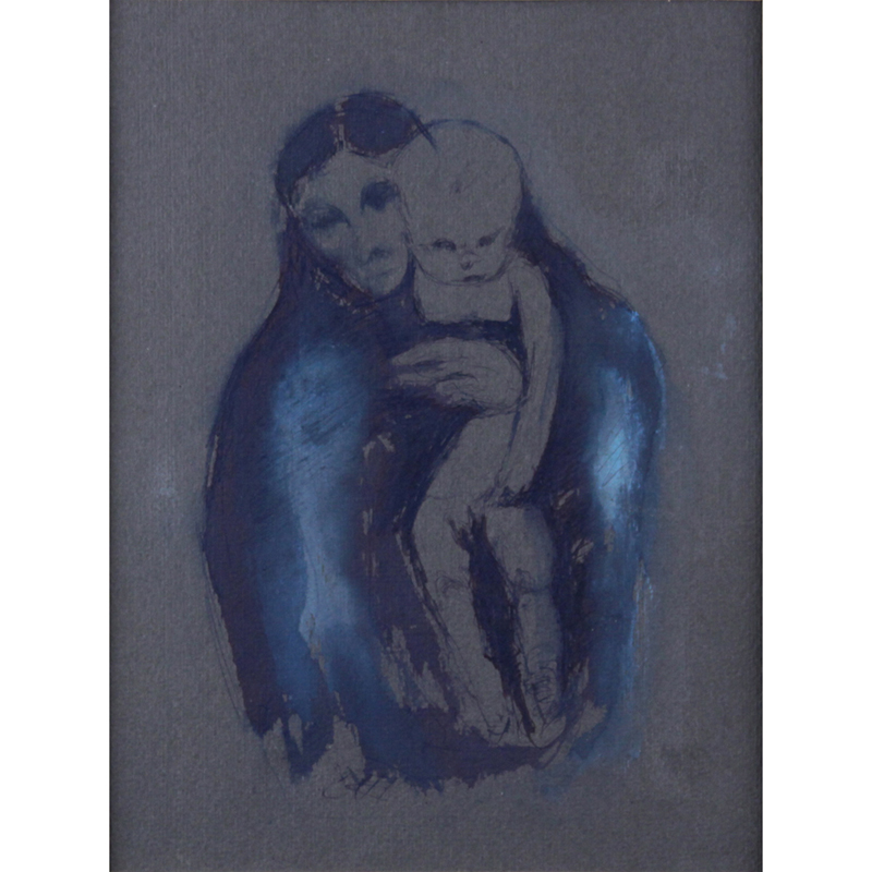 19/20th Century European School Ink and Gouache On Gray Paper "Mother With Child" Bears initials EM (Edvard Munch??)