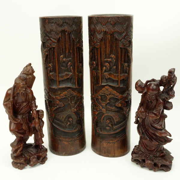 Four (4) Piece Chinese Carved Wood Vases and Figures Lot