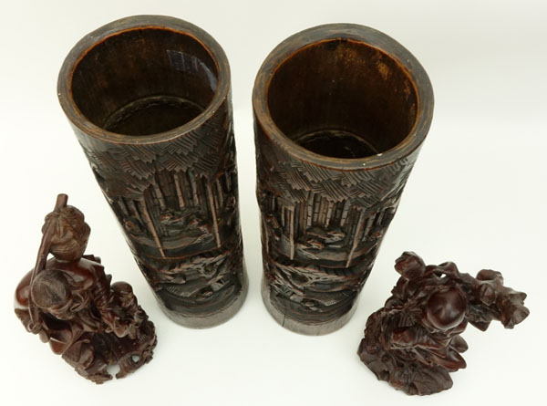 Four (4) Piece Chinese Carved Wood Vases and Figures Lot