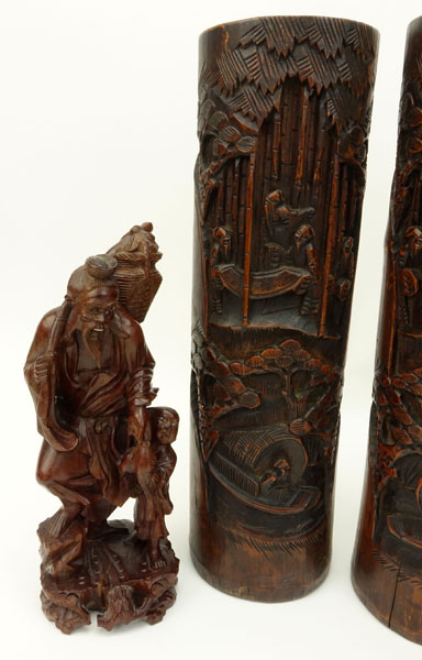 Four (4) Piece Chinese Carved Wood Vases and Figures Lot