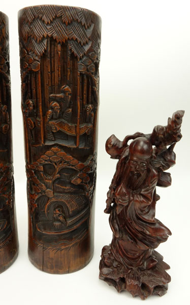 Four (4) Piece Chinese Carved Wood Vases and Figures Lot