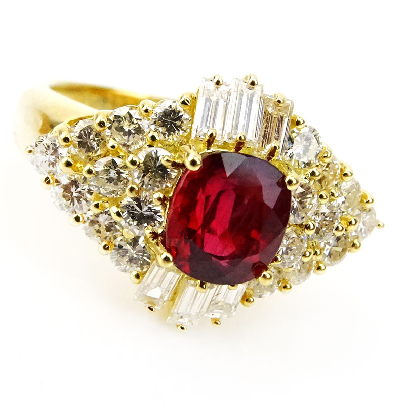 1.86 Carat Cushion Cut Ruby, 1.67 Carat Round Brilliant and Baguette Cut Diamond and 18 Karat Yellow Gold Ring.