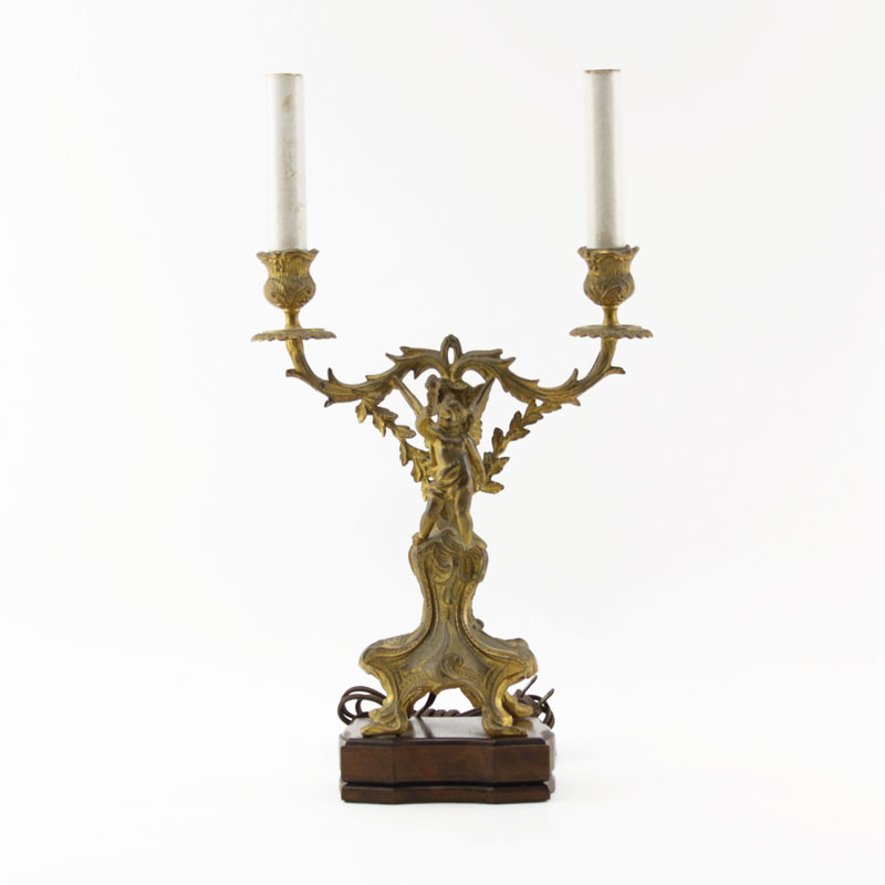 19th Century Gilt Bronze Putti 2 Arm Candelabra Lamp