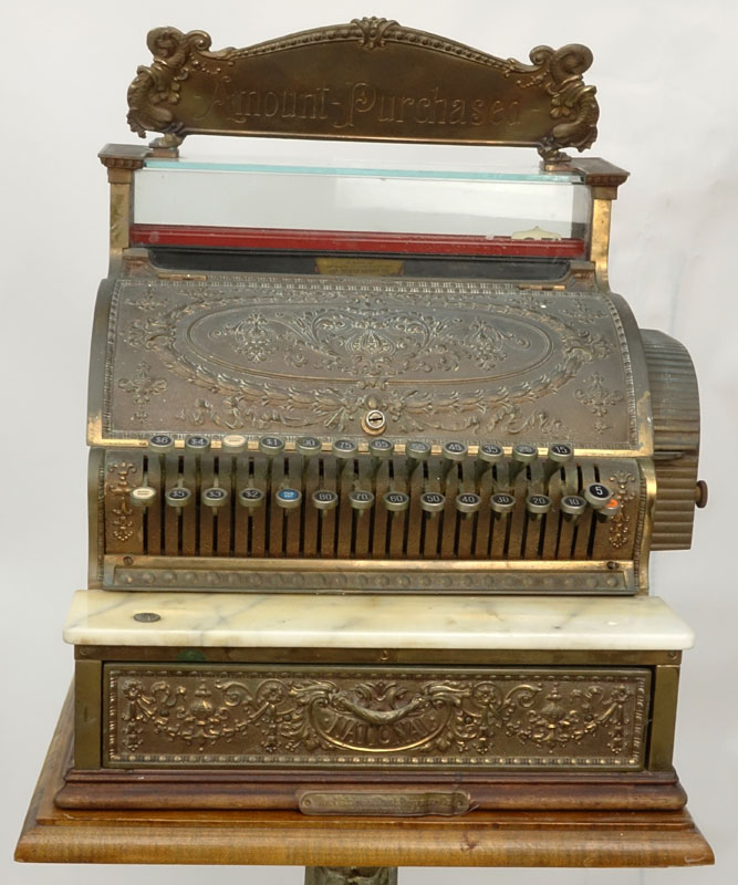 Antique Brass National Cash Register On Stand