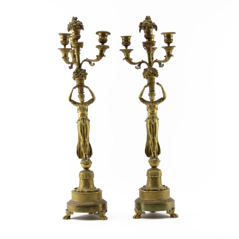 Pair of 19th Century French Empire Goddess Figural Gilt Bronze 3 Arm Candelabra