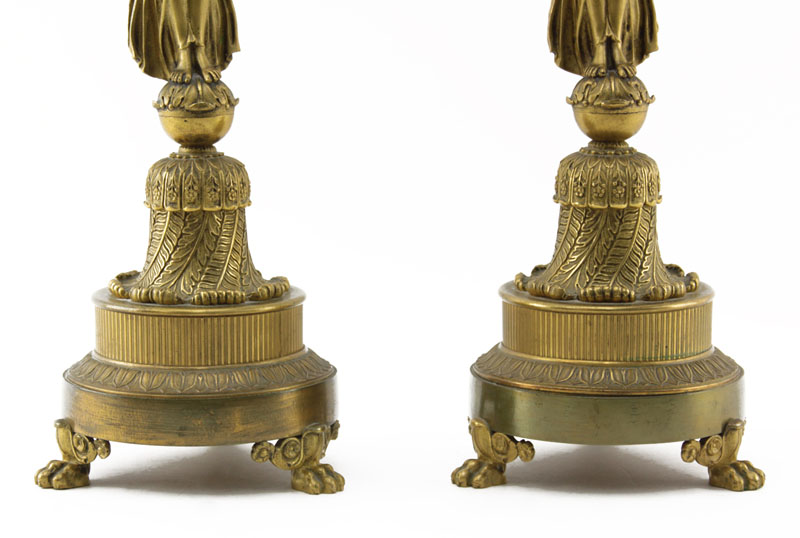 Pair of 19th Century French Empire Goddess Figural Gilt Bronze 3 Arm Candelabra