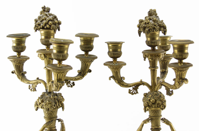 Pair of 19th Century French Empire Goddess Figural Gilt Bronze 3 Arm Candelabra