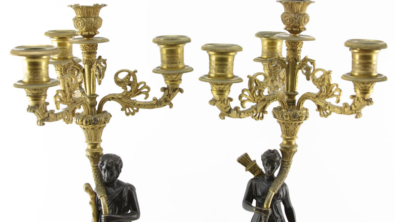 Pair of 19th Century French Empire Figural Gilt Bronze 3 Arm Candelabra