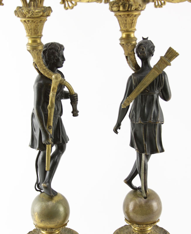 Pair of 19th Century French Empire Figural Gilt Bronze 3 Arm Candelabra