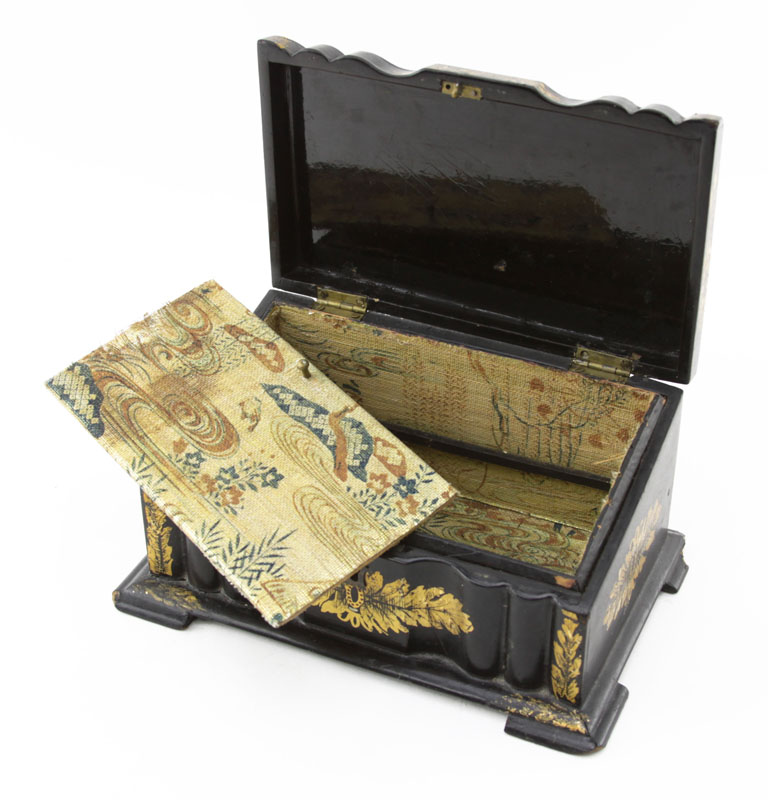 19th Century English Lacquered Wood and Hand Painted Tea Caddie