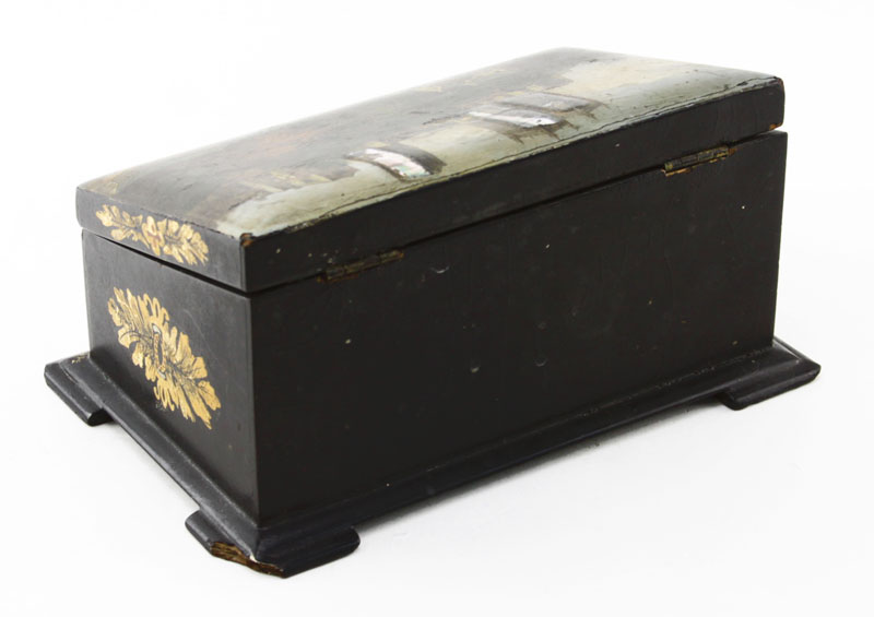 19th Century English Lacquered Wood and Hand Painted Tea Caddie