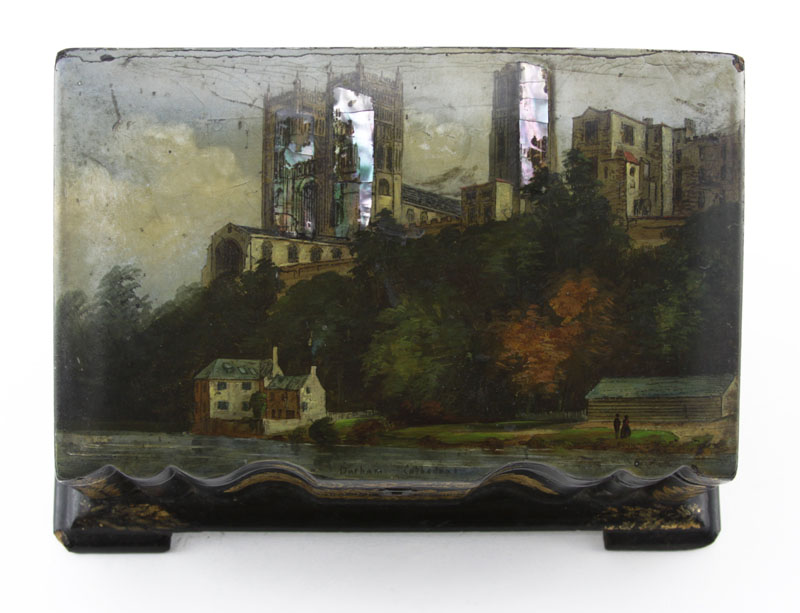 19th Century English Lacquered Wood and Hand Painted Tea Caddie