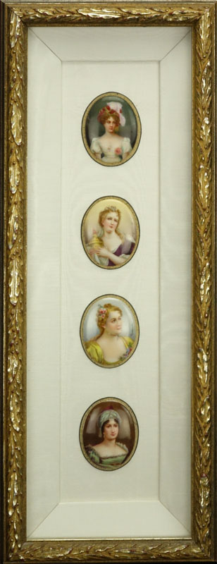 Collection of Four (4) 19/20th Century Hand Painted Porcelain Miniature Portraits in Shadowbox Frames